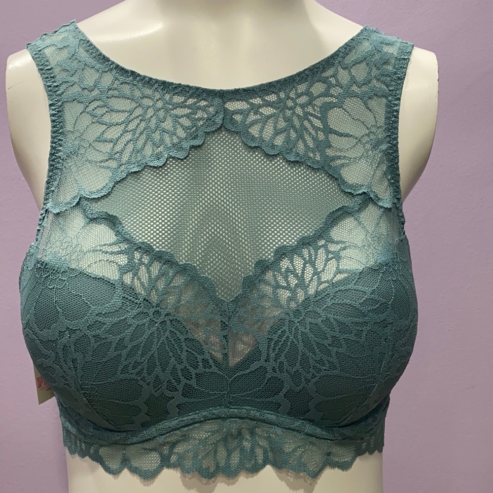 NWT VICTORIA'S SECRET PINK HIGH NECK TEAL LACE BRALETTE PUSH-UP PADDED SMALL